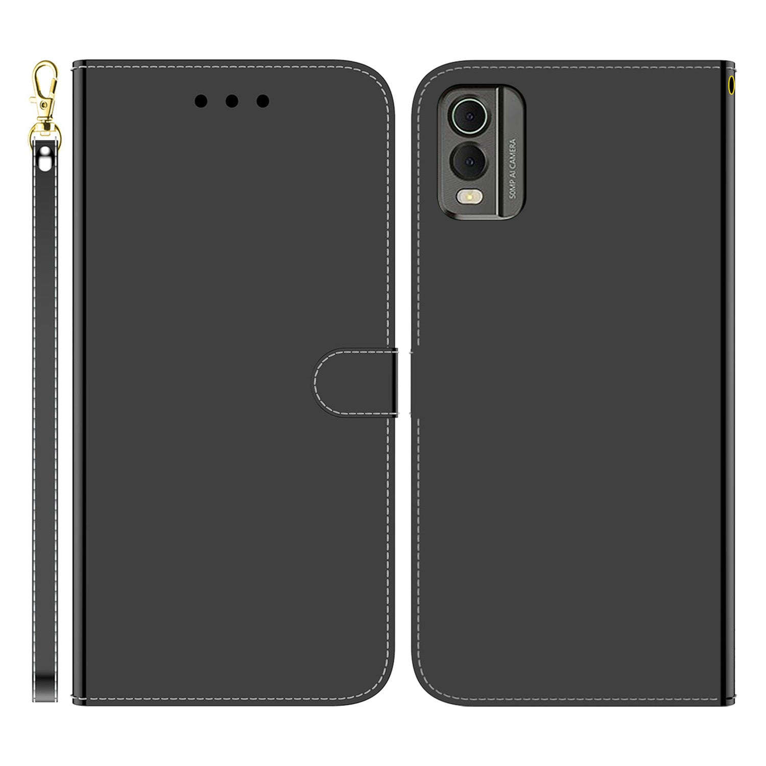 For Nokia C32 Flip Wallet Phone Case PU Leather Mirror-Like Surface Stand Cover