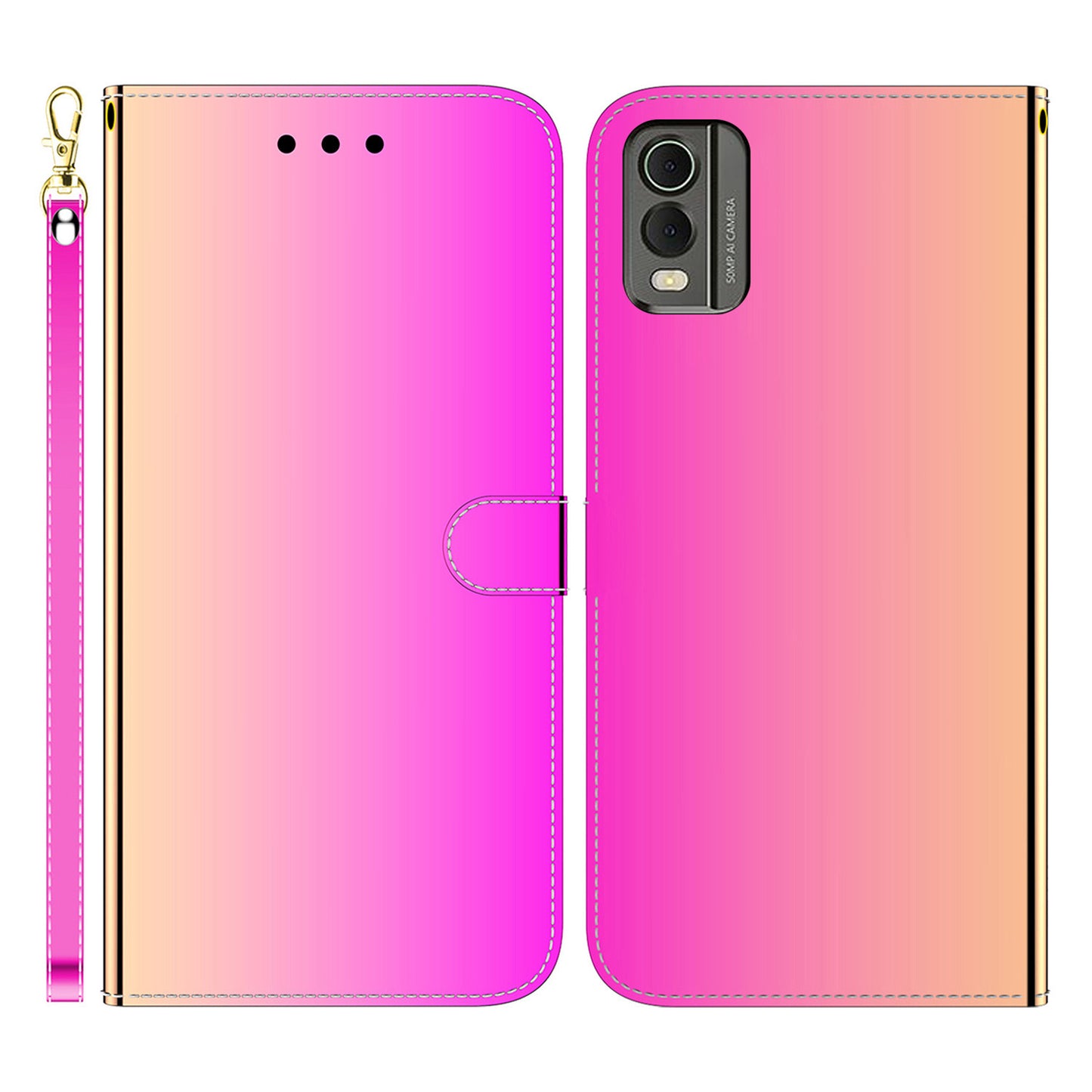 For Nokia C32 Flip Wallet Phone Case PU Leather Mirror-Like Surface Stand Cover