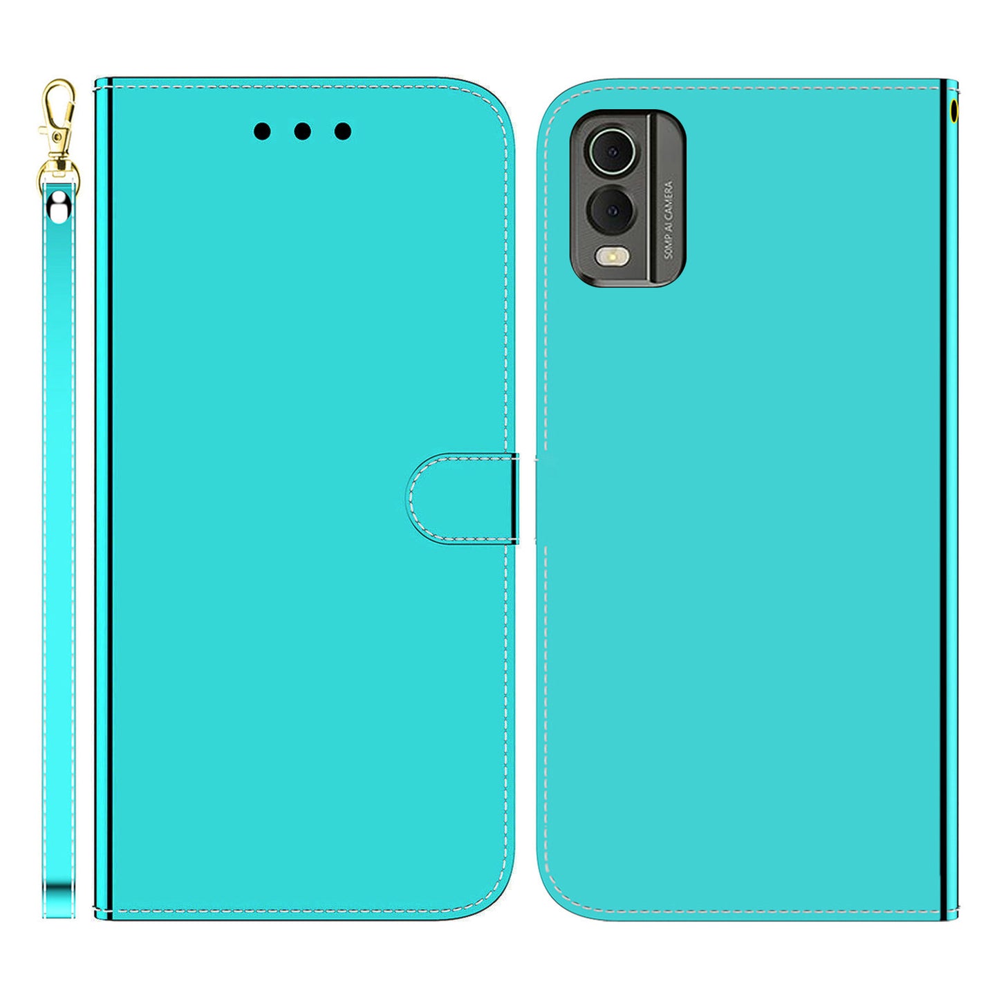 For Nokia C32 Flip Wallet Phone Case PU Leather Mirror-Like Surface Stand Cover