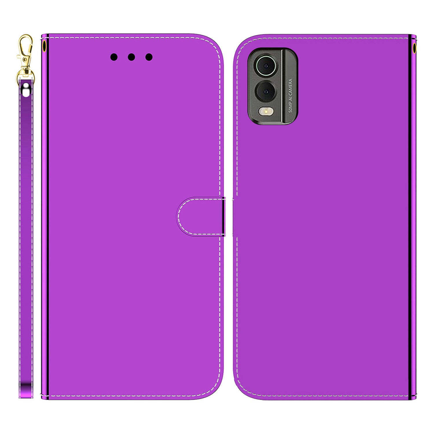 For Nokia C32 Flip Wallet Phone Case PU Leather Mirror-Like Surface Stand Cover