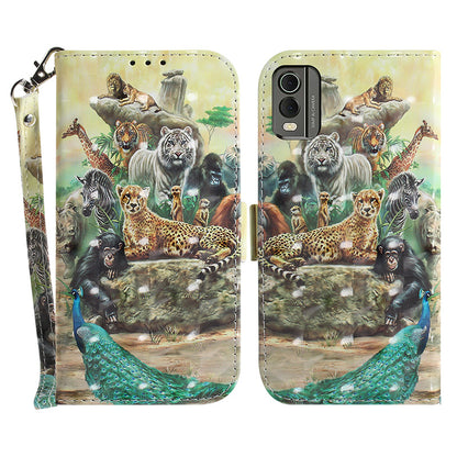 For Nokia C32 Pattern Design Folio Cover PU Leather Stand Wallet Phone Case with Strap