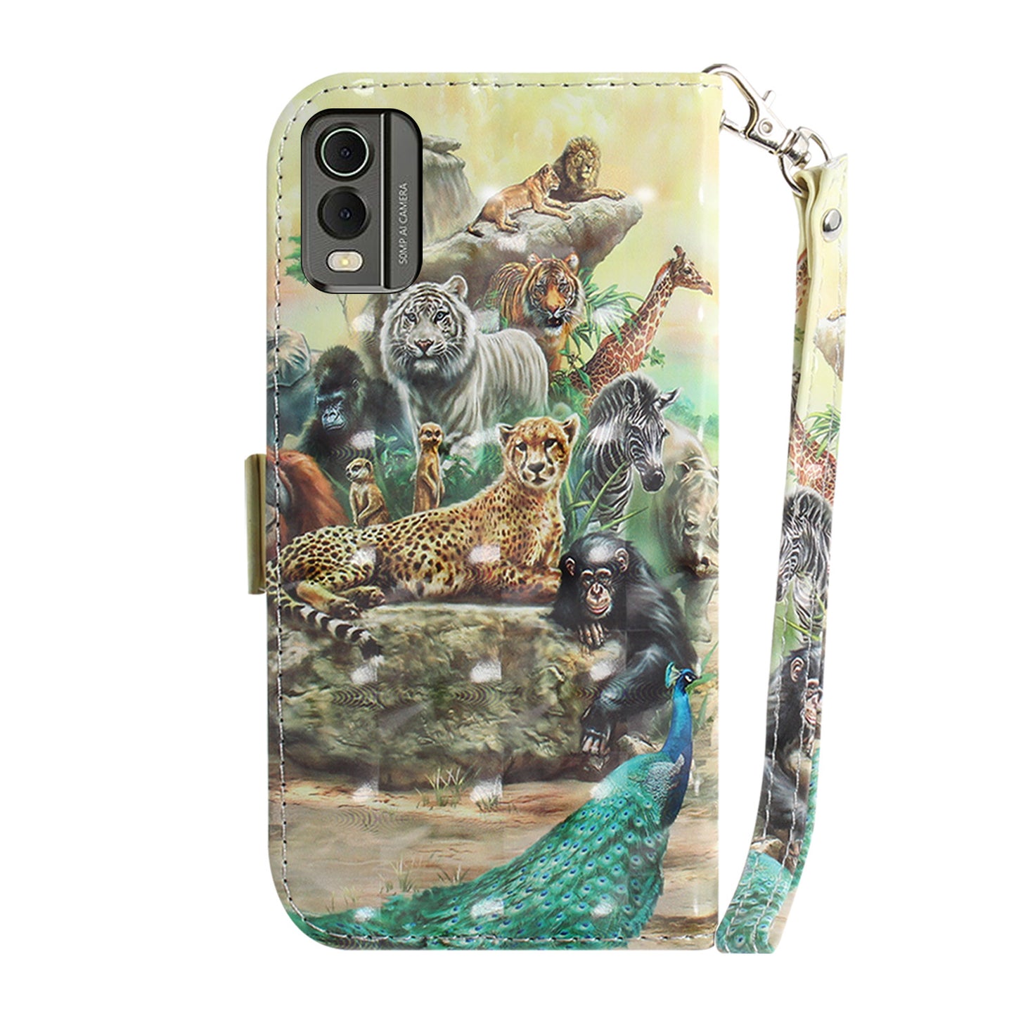 For Nokia C32 Pattern Design Folio Cover PU Leather Stand Wallet Phone Case with Strap