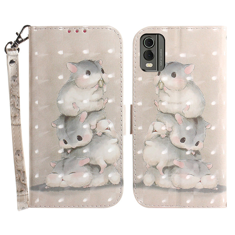 For Nokia C32 Pattern Design Folio Cover PU Leather Stand Wallet Phone Case with Strap