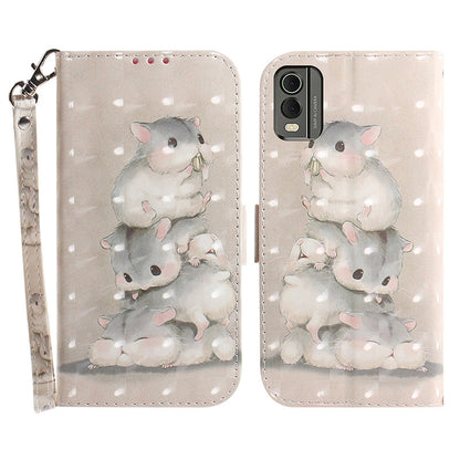 For Nokia C32 Pattern Design Folio Cover PU Leather Stand Wallet Phone Case with Strap