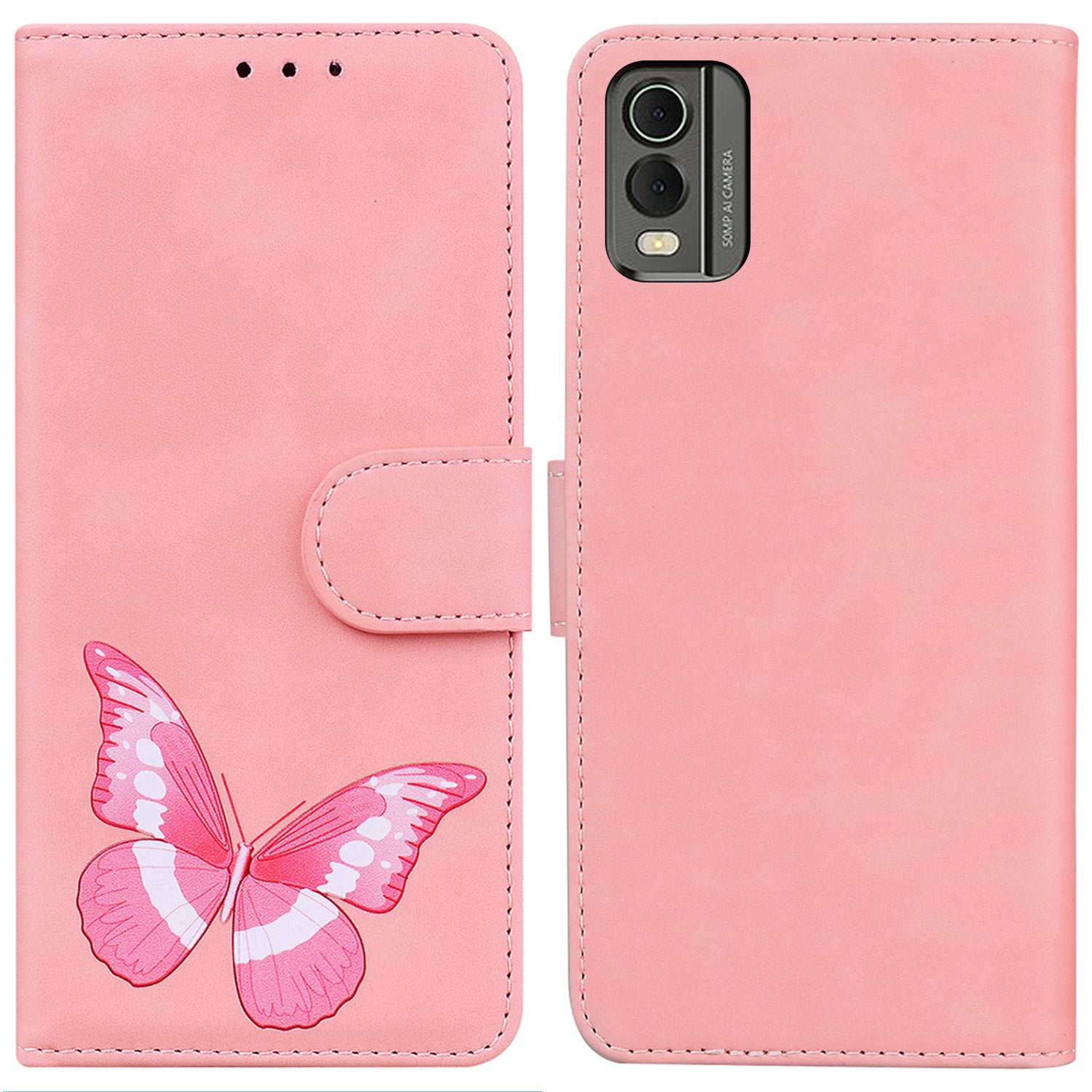 Wallet Case for Nokia C32 PU Leather Butterfly Printing Stand Flip Phone Cover