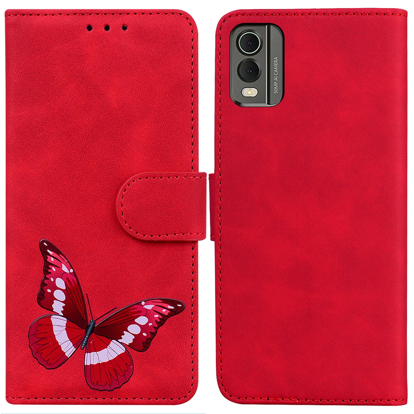 Wallet Case for Nokia C32 PU Leather Butterfly Printing Stand Flip Phone Cover