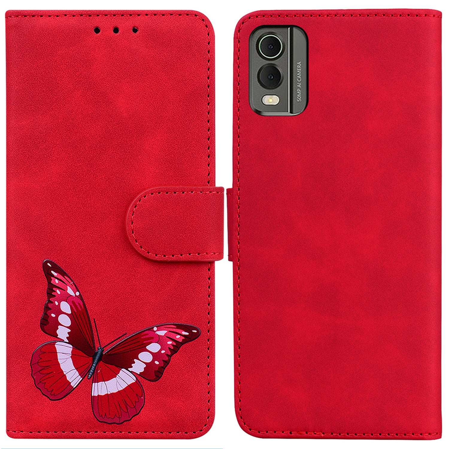 Wallet Case for Nokia C32 PU Leather Butterfly Printing Stand Flip Phone Cover