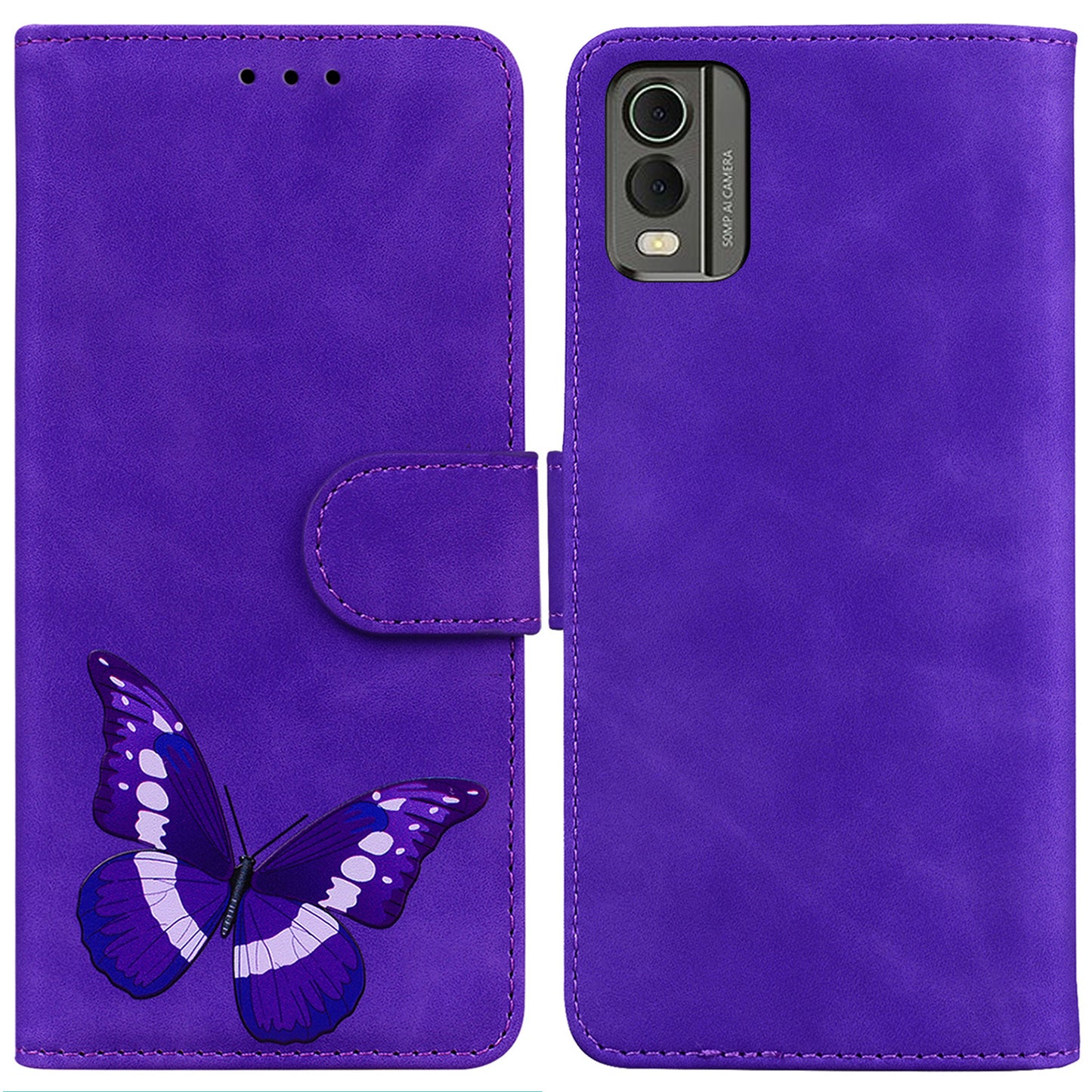 Wallet Case for Nokia C32 PU Leather Butterfly Printing Stand Flip Phone Cover