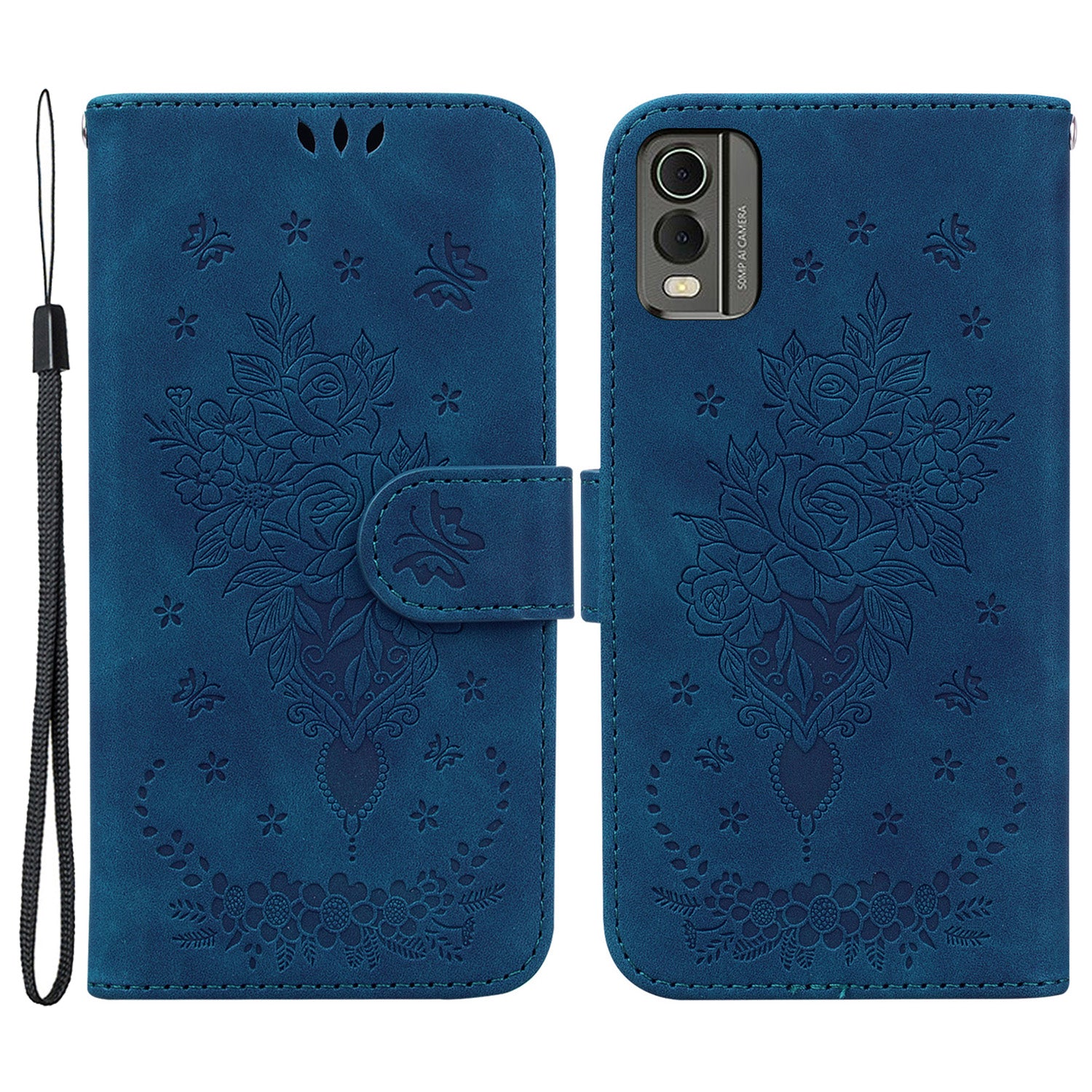 Stand Wallet Leather Case for Nokia C32 , Rose Butterfly Imprinted Full Protection Phone Cover