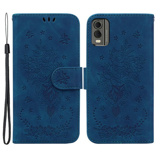 Stand Wallet Leather Case for Nokia C32 , Rose Butterfly Imprinted Full Protection Phone Cover