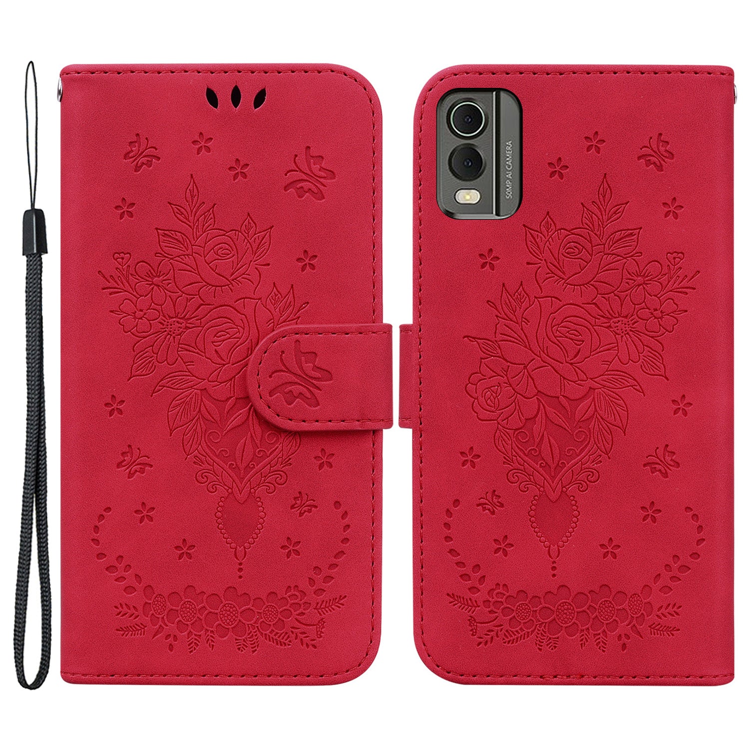 Stand Wallet Leather Case for Nokia C32 , Rose Butterfly Imprinted Full Protection Phone Cover