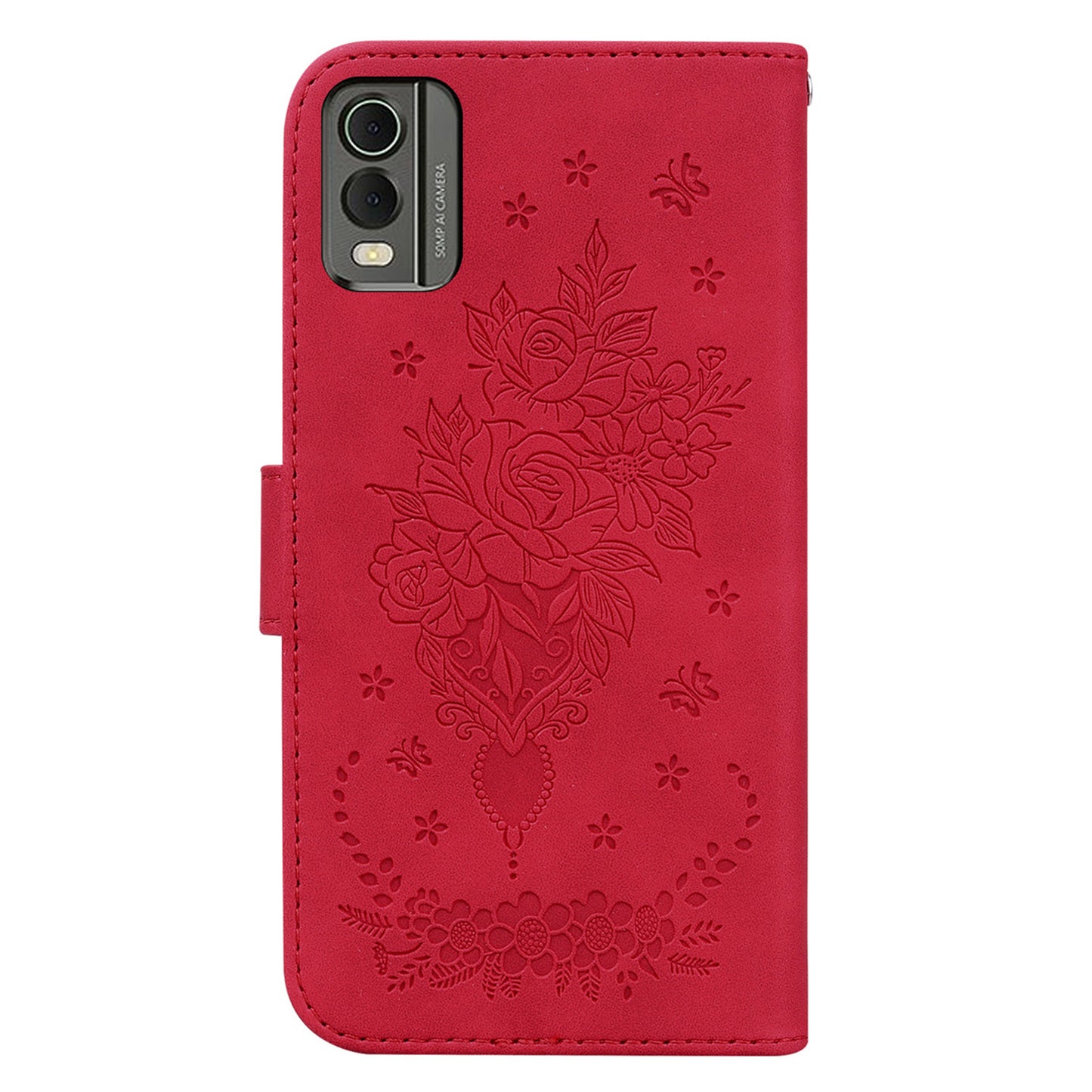 Stand Wallet Leather Case for Nokia C32 , Rose Butterfly Imprinted Full Protection Phone Cover