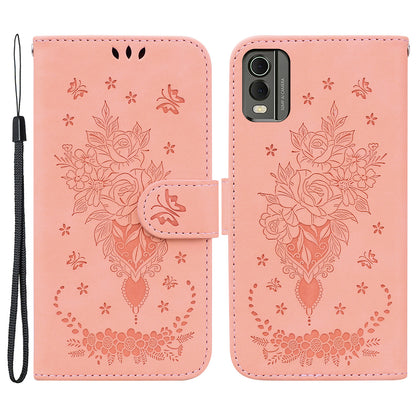 Stand Wallet Leather Case for Nokia C32 , Rose Butterfly Imprinted Full Protection Phone Cover