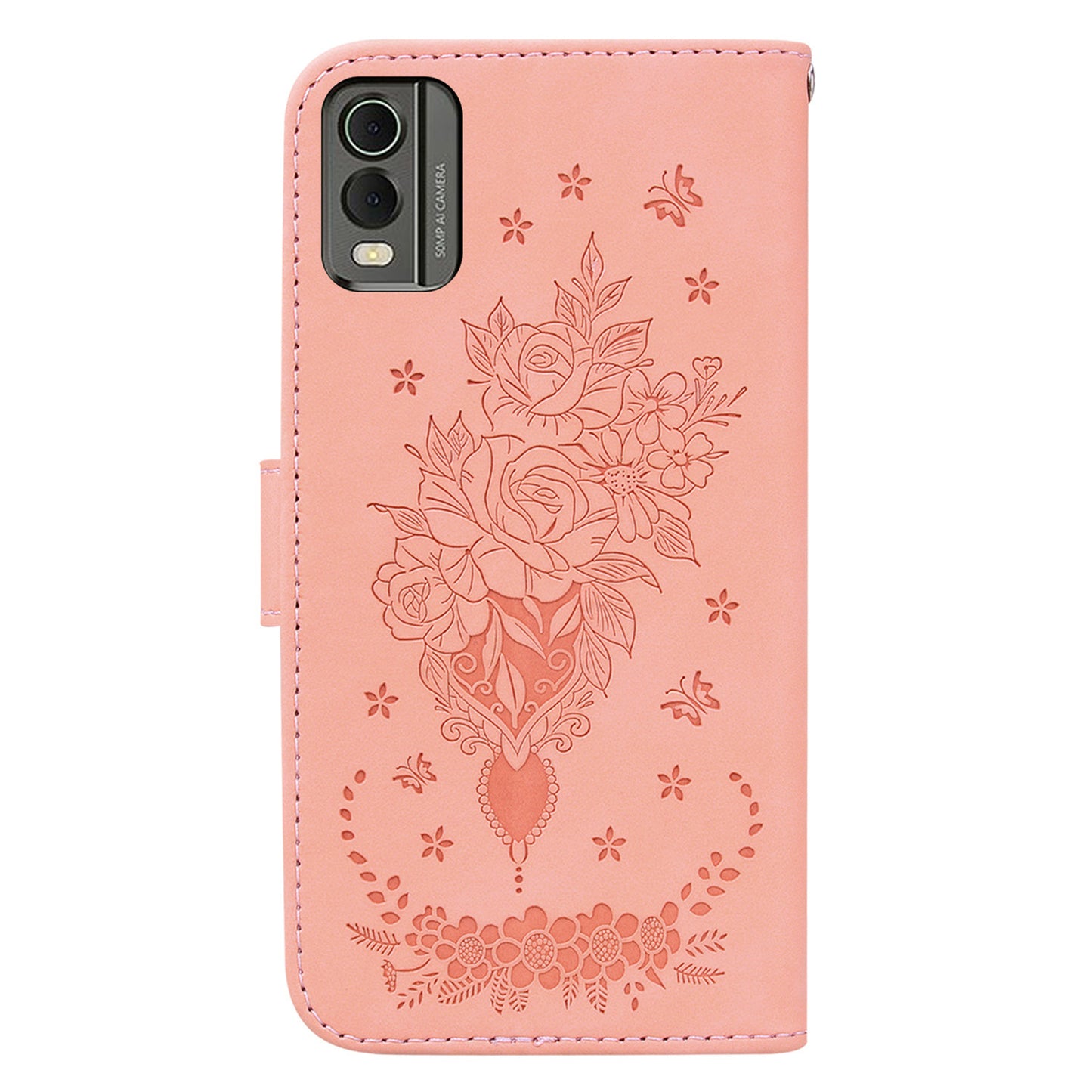 Stand Wallet Leather Case for Nokia C32 , Rose Butterfly Imprinted Full Protection Phone Cover