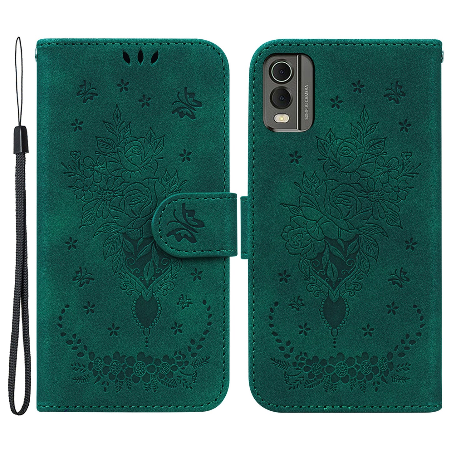 Stand Wallet Leather Case for Nokia C32 , Rose Butterfly Imprinted Full Protection Phone Cover