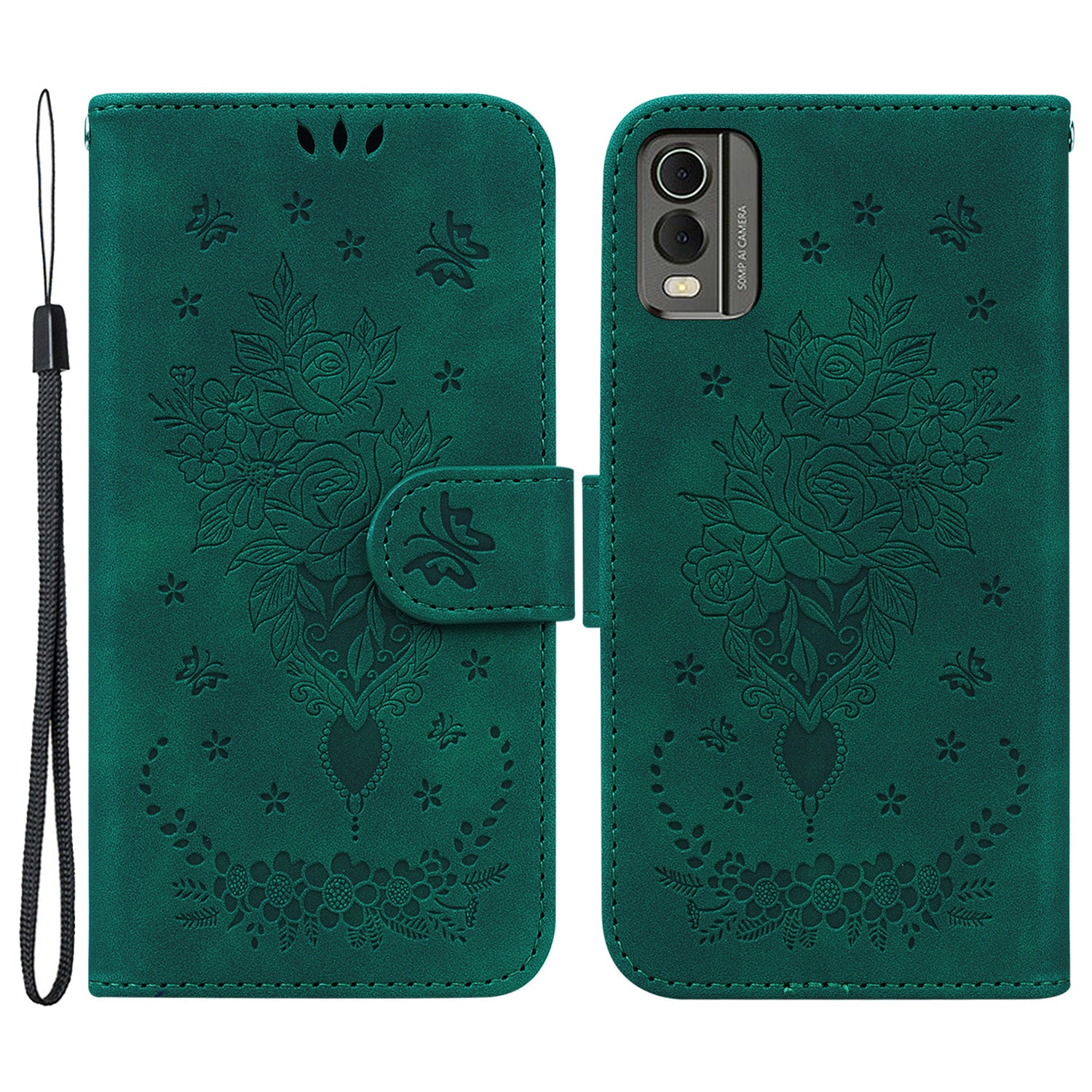 Stand Wallet Leather Case for Nokia C32 , Rose Butterfly Imprinted Full Protection Phone Cover