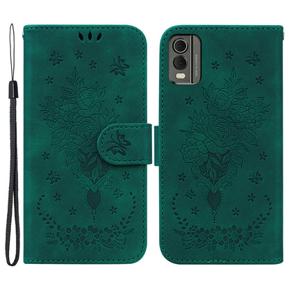 Stand Wallet Leather Case for Nokia C32 , Rose Butterfly Imprinted Full Protection Phone Cover