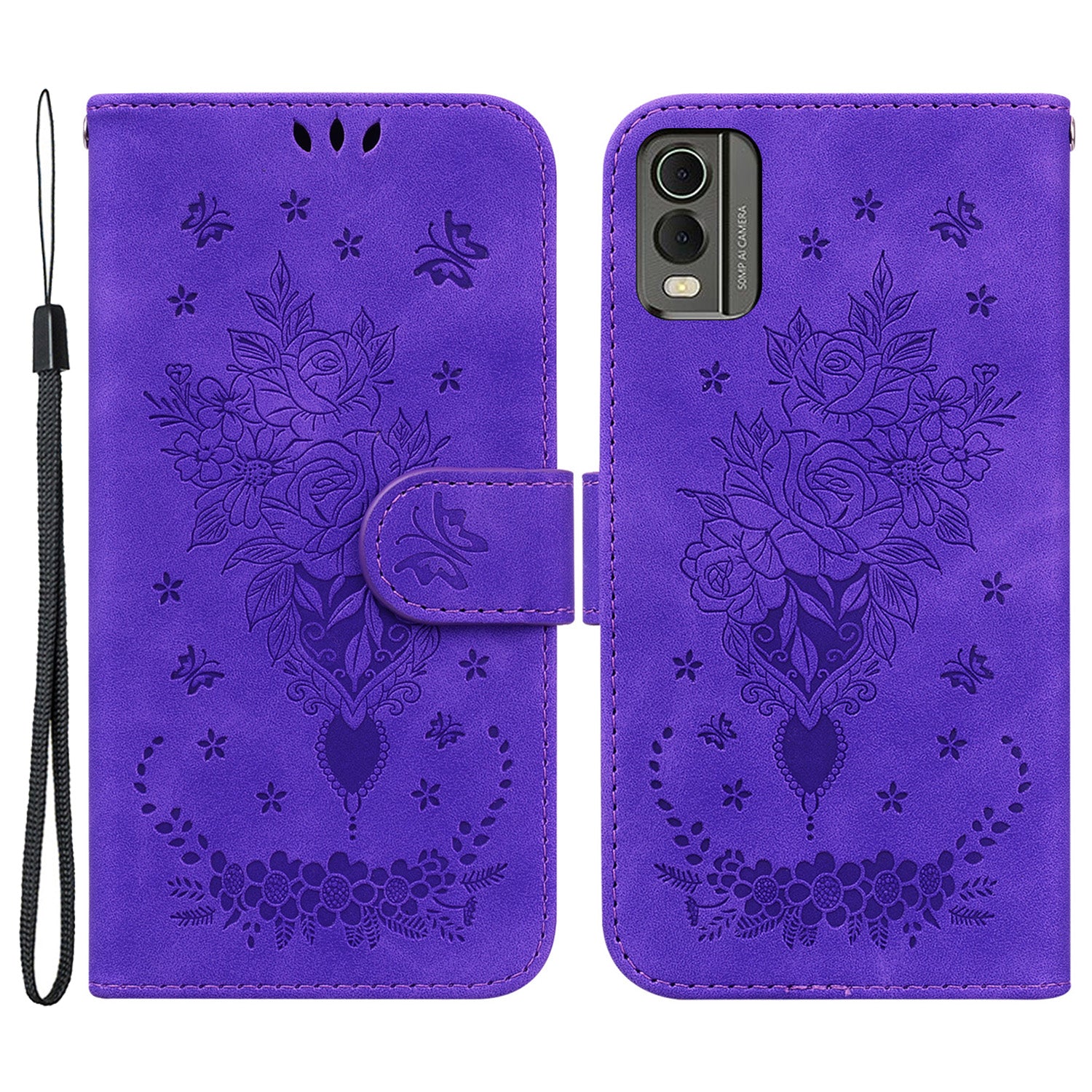 Stand Wallet Leather Case for Nokia C32 , Rose Butterfly Imprinted Full Protection Phone Cover