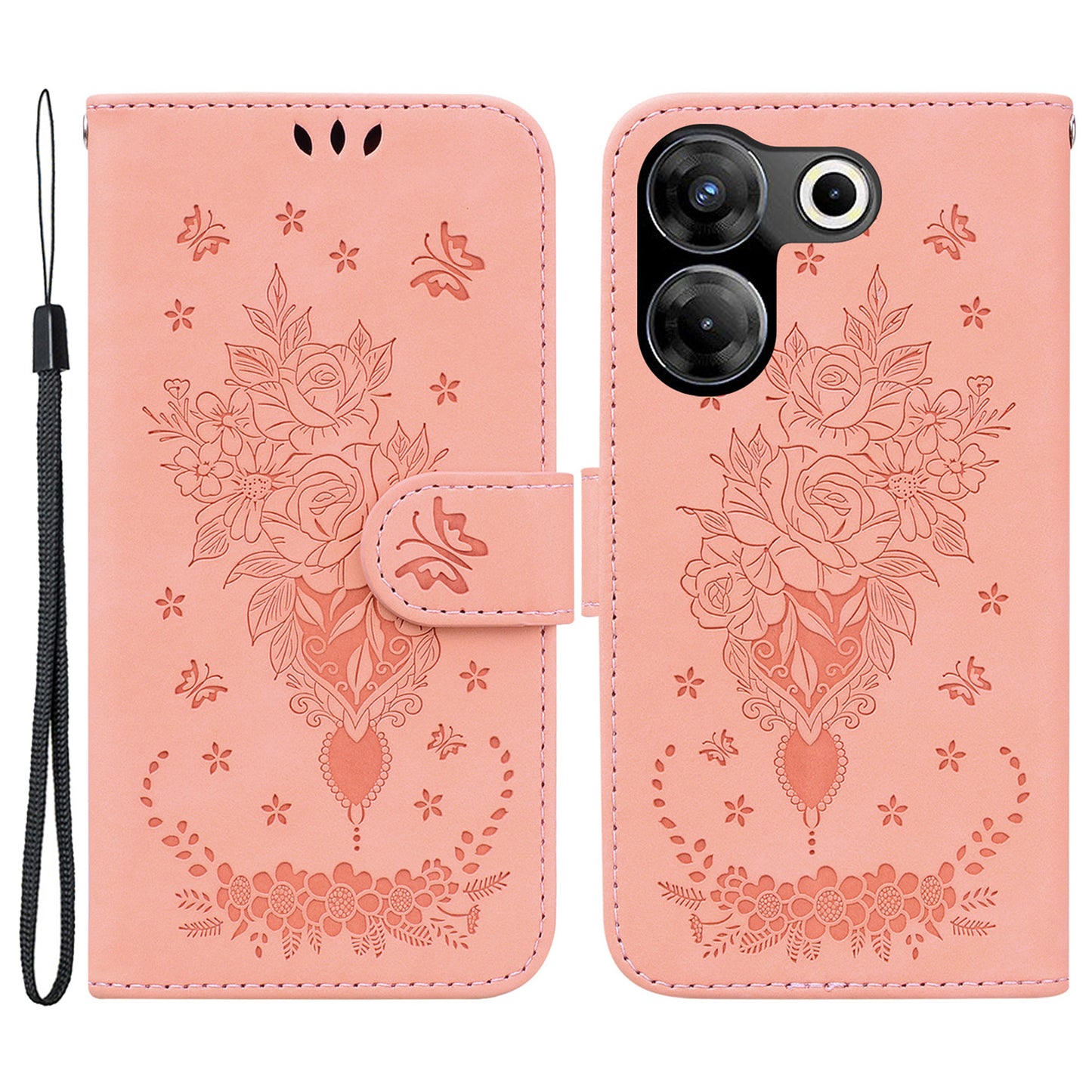 For Tecno Camon 20 Pro 4G PU Leather Stand Wallet Shell Rose Butterfly Imprinted Phone Case