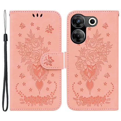 For Tecno Camon 20 Pro 4G PU Leather Stand Wallet Shell Rose Butterfly Imprinted Phone Case
