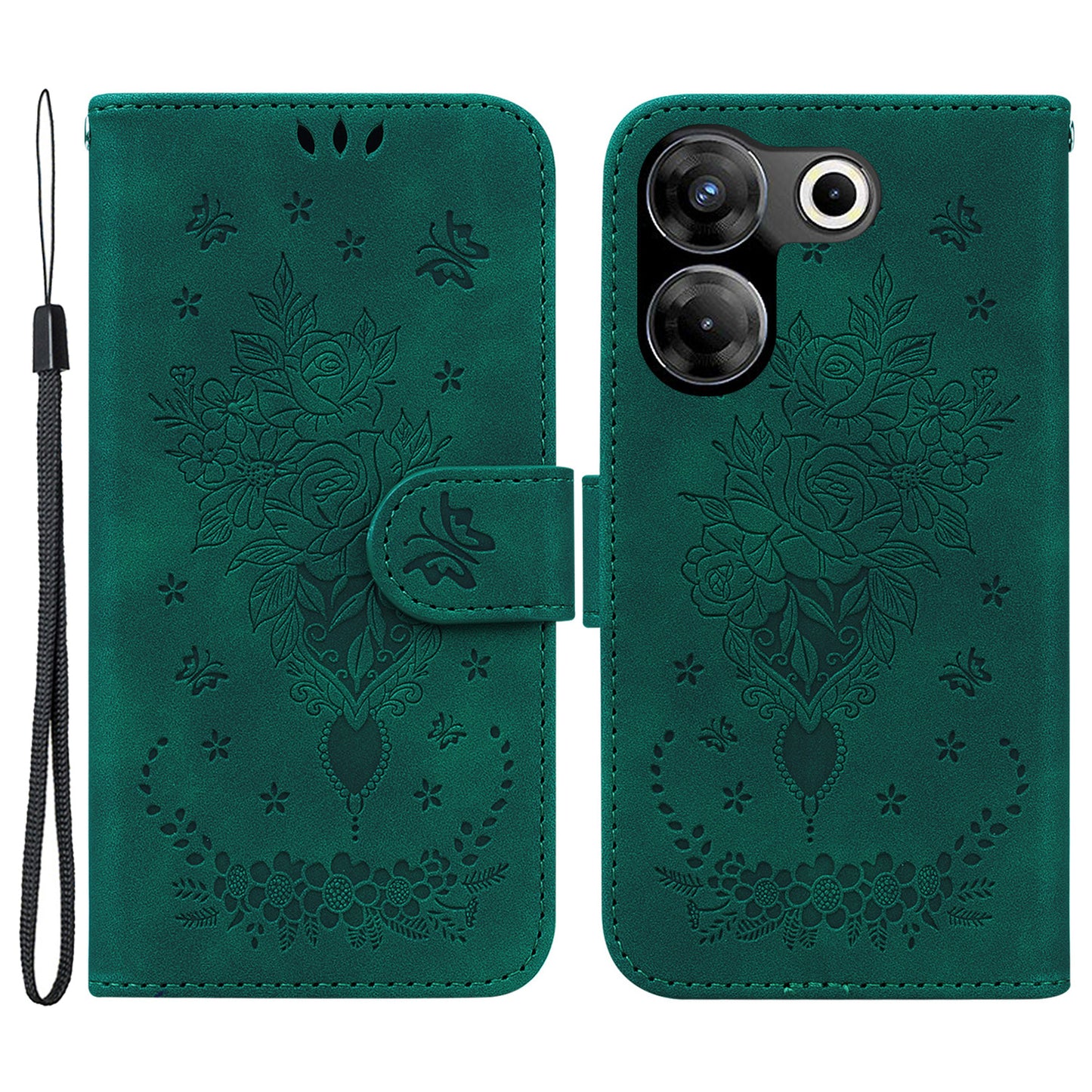 For Tecno Camon 20 Pro 4G PU Leather Stand Wallet Shell Rose Butterfly Imprinted Phone Case