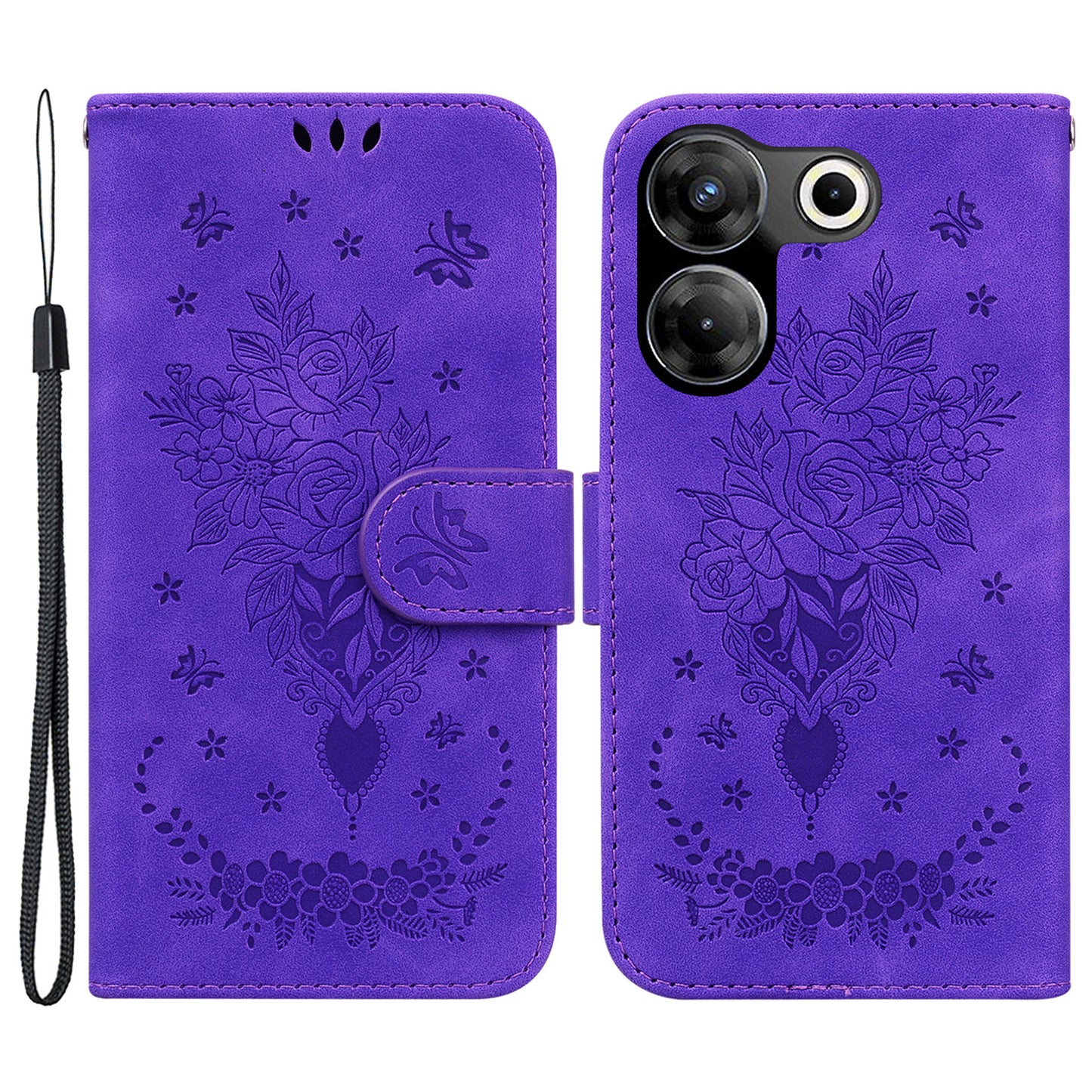 For Tecno Camon 20 Pro 4G PU Leather Stand Wallet Shell Rose Butterfly Imprinted Phone Case