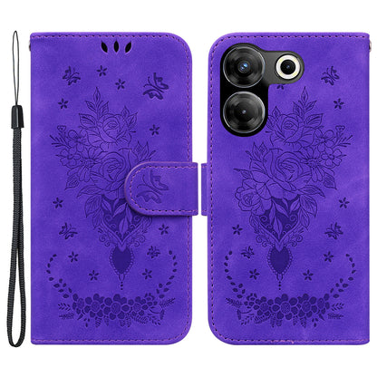 For Tecno Camon 20 Pro 4G PU Leather Stand Wallet Shell Rose Butterfly Imprinted Phone Case