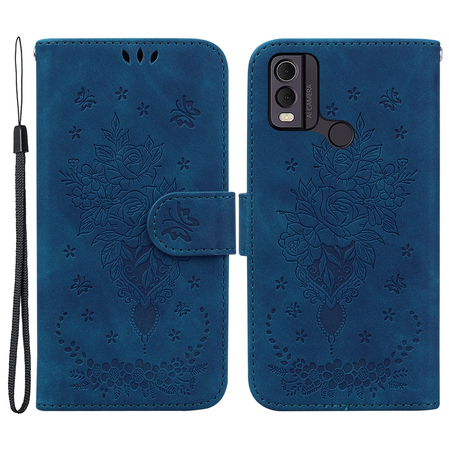 Leather Wallet Phone Case for Nokia C22 , Imprinted Rose Butterfly Protective Stand Cover