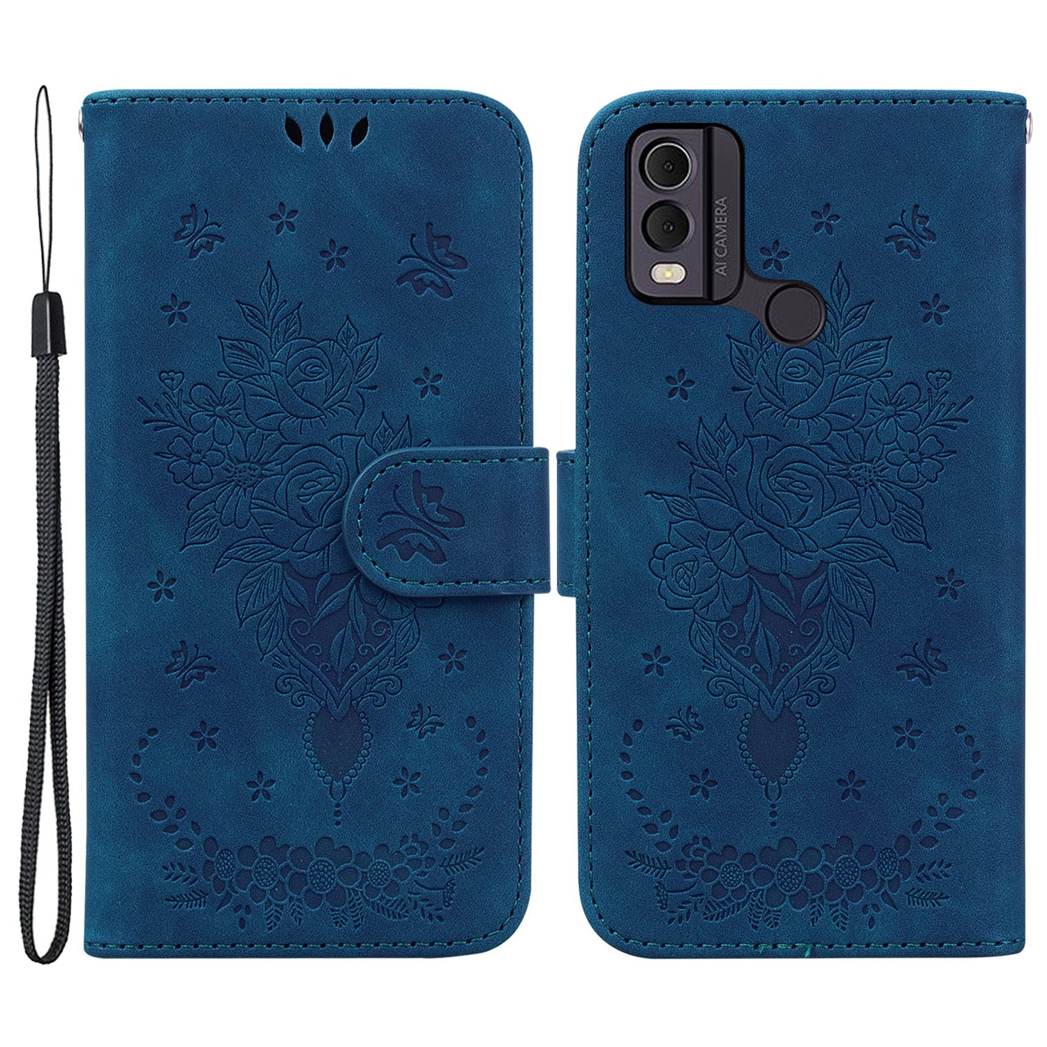 Leather Wallet Phone Case for Nokia C22 , Imprinted Rose Butterfly Protective Stand Cover