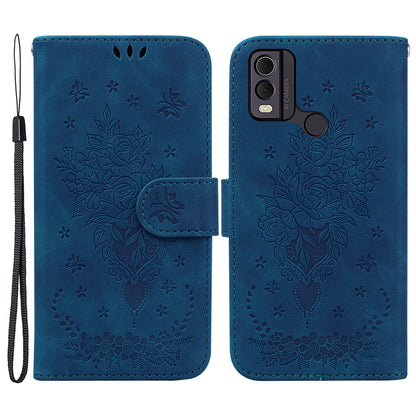 Leather Wallet Phone Case for Nokia C22 , Imprinted Rose Butterfly Protective Stand Cover