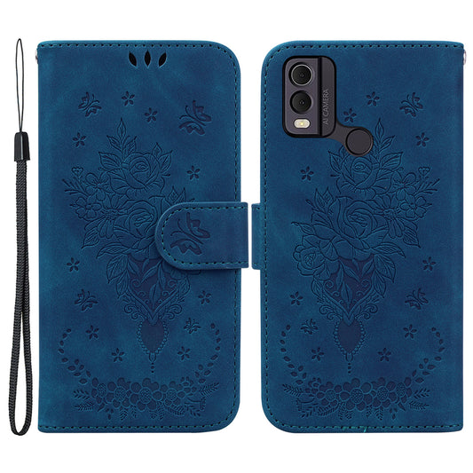 Leather Wallet Phone Case for Nokia C22 , Imprinted Rose Butterfly Protective Stand Cover