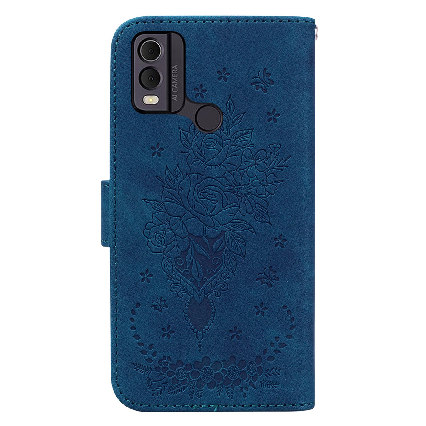 Leather Wallet Phone Case for Nokia C22 , Imprinted Rose Butterfly Protective Stand Cover