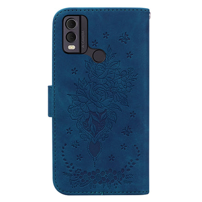 Leather Wallet Phone Case for Nokia C22 , Imprinted Rose Butterfly Protective Stand Cover