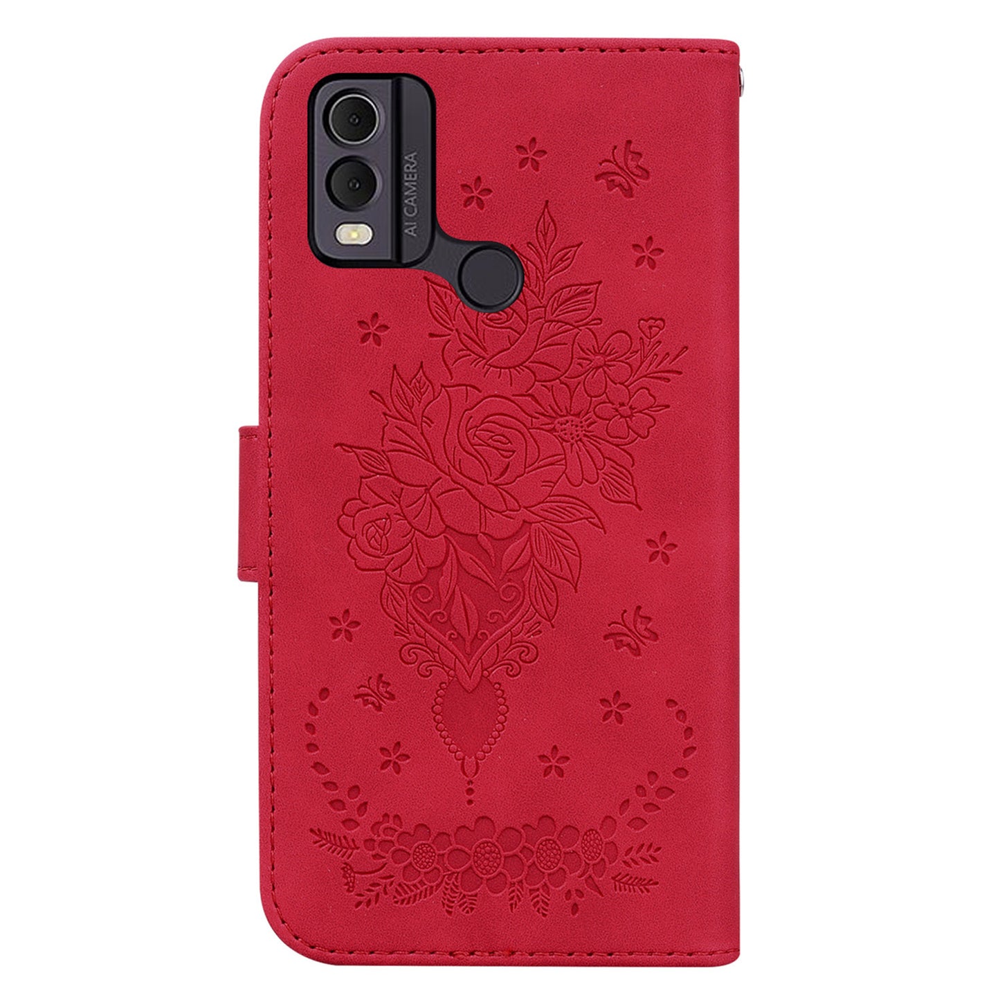 Leather Wallet Phone Case for Nokia C22 , Imprinted Rose Butterfly Protective Stand Cover