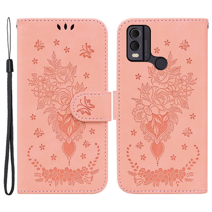 Leather Wallet Phone Case for Nokia C22 , Imprinted Rose Butterfly Protective Stand Cover