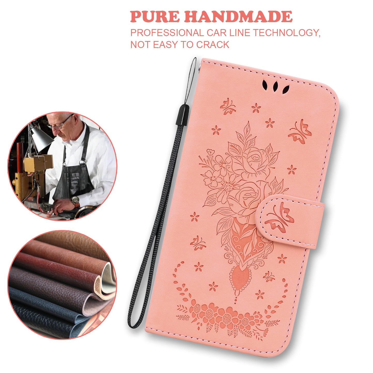 Leather Wallet Phone Case for Nokia C22 , Imprinted Rose Butterfly Protective Stand Cover