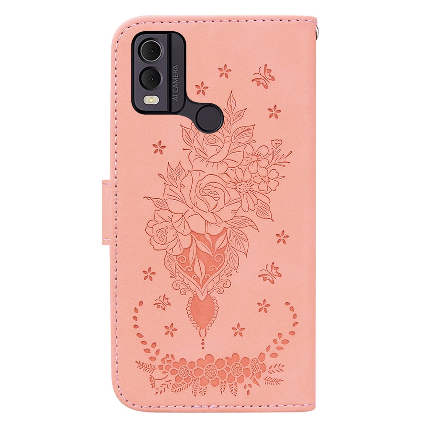 Leather Wallet Phone Case for Nokia C22 , Imprinted Rose Butterfly Protective Stand Cover