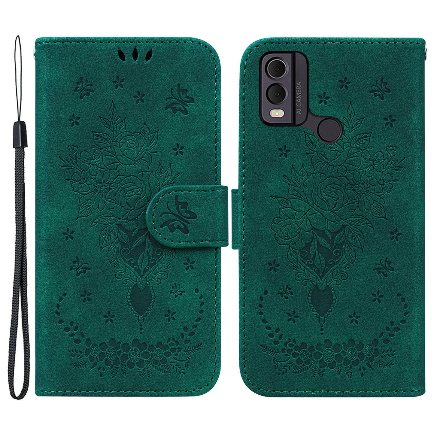 Leather Wallet Phone Case for Nokia C22 , Imprinted Rose Butterfly Protective Stand Cover