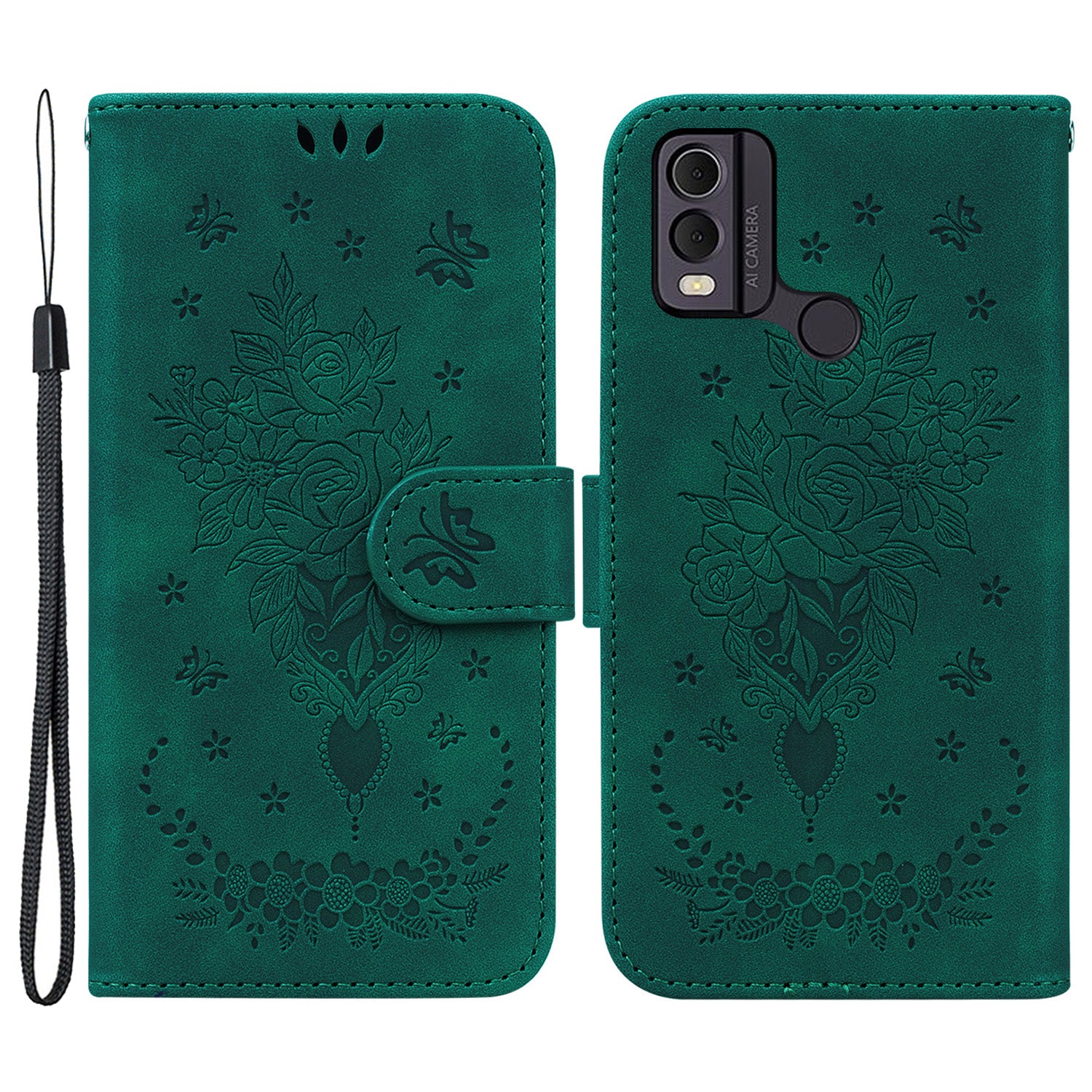 Leather Wallet Phone Case for Nokia C22 , Imprinted Rose Butterfly Protective Stand Cover