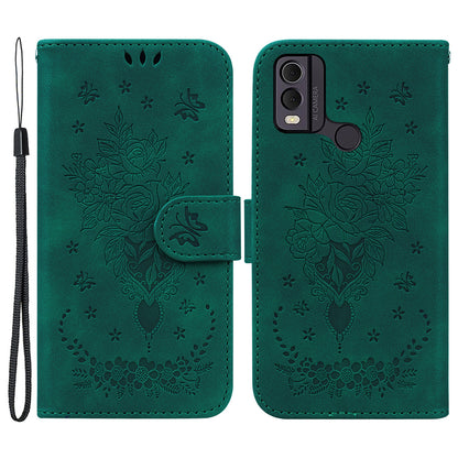 Leather Wallet Phone Case for Nokia C22 , Imprinted Rose Butterfly Protective Stand Cover