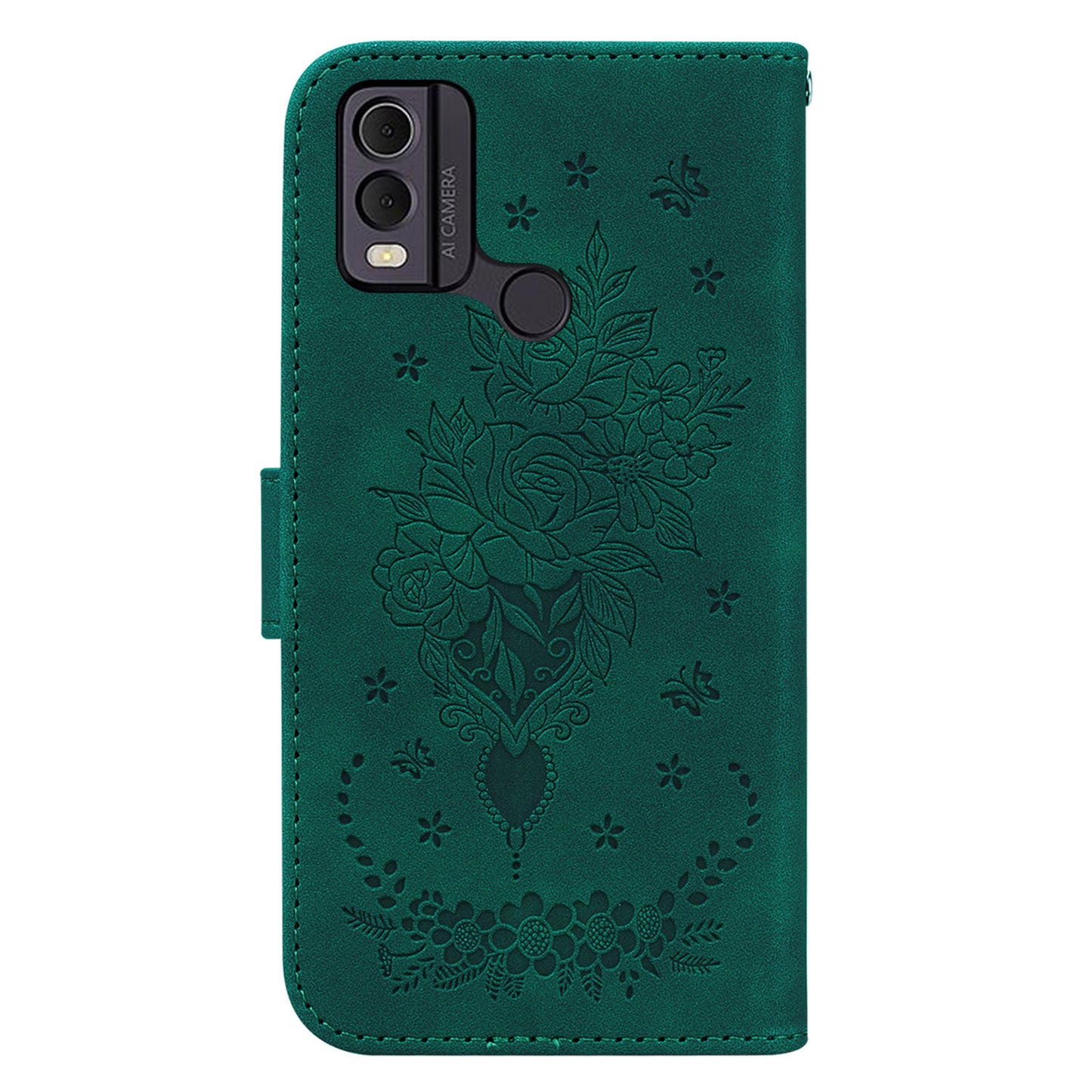 Leather Wallet Phone Case for Nokia C22 , Imprinted Rose Butterfly Protective Stand Cover