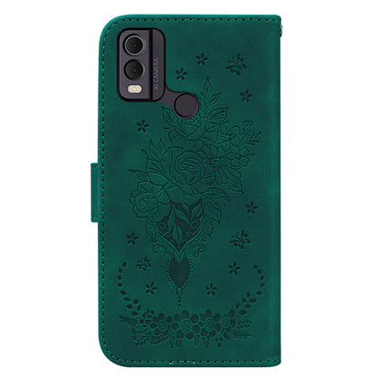 Leather Wallet Phone Case for Nokia C22 , Imprinted Rose Butterfly Protective Stand Cover