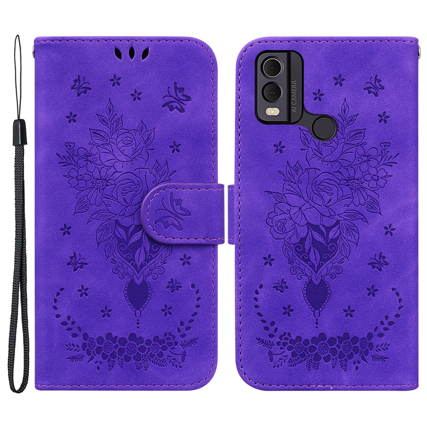 Leather Wallet Phone Case for Nokia C22 , Imprinted Rose Butterfly Protective Stand Cover