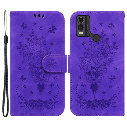 Leather Wallet Phone Case for Nokia C22 , Imprinted Rose Butterfly Protective Stand Cover
