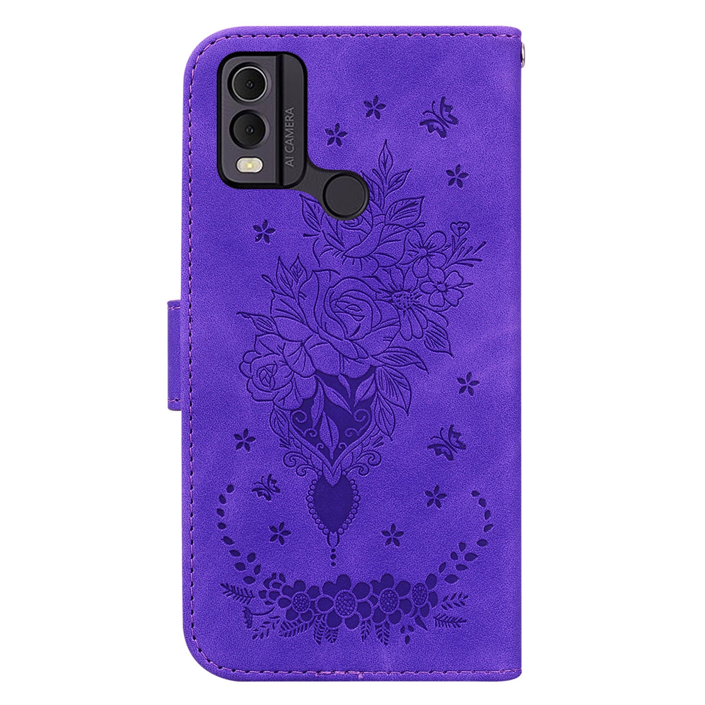 Leather Wallet Phone Case for Nokia C22 , Imprinted Rose Butterfly Protective Stand Cover