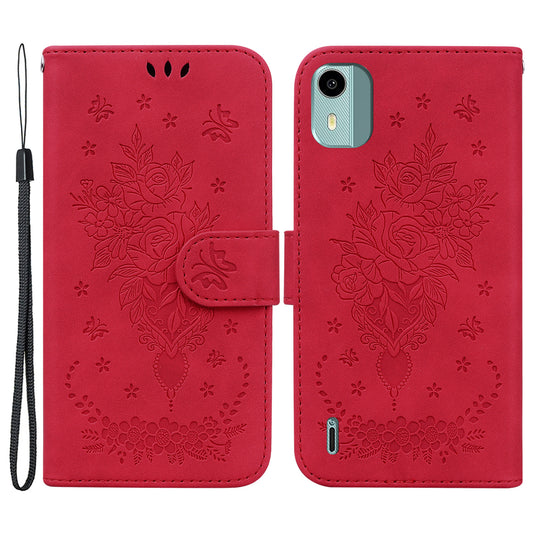 For Nokia C12 4G / C12 Plus / C12 Pro Phone Stand Case Rose Butterfly Imprinted PU Leather Wallet Shell