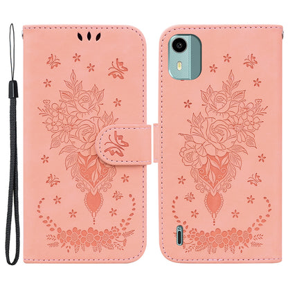 For Nokia C12 4G / C12 Plus / C12 Pro Phone Stand Case Rose Butterfly Imprinted PU Leather Wallet Shell