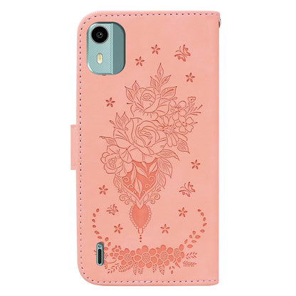 For Nokia C12 4G / C12 Plus / C12 Pro Phone Stand Case Rose Butterfly Imprinted PU Leather Wallet Shell