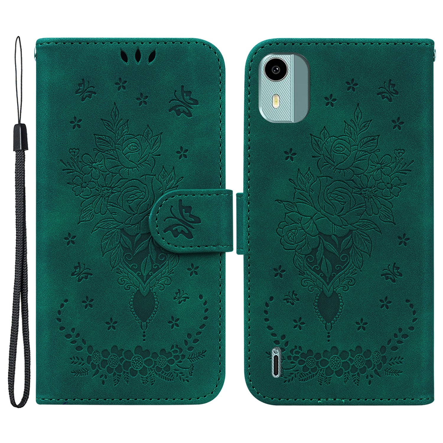 For Nokia C12 4G / C12 Plus / C12 Pro Phone Stand Case Rose Butterfly Imprinted PU Leather Wallet Shell