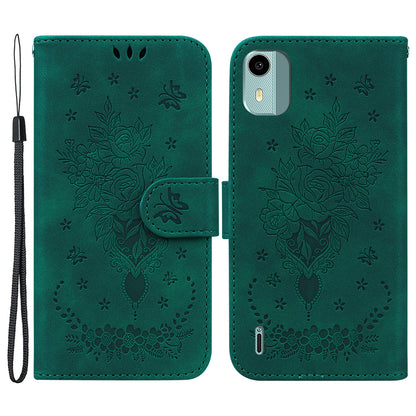 For Nokia C12 4G / C12 Plus / C12 Pro Phone Stand Case Rose Butterfly Imprinted PU Leather Wallet Shell